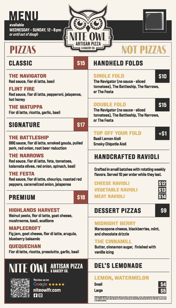 Complete Nite Owl menu with pizza, folds, ravioli, dessert pizzas and Del’s Lemonade prices